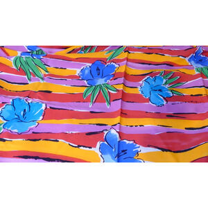 Vtg Large Bold Floral Stripe Fabric 80's Silky Rayon Blend Red Orange Bright 2yd
